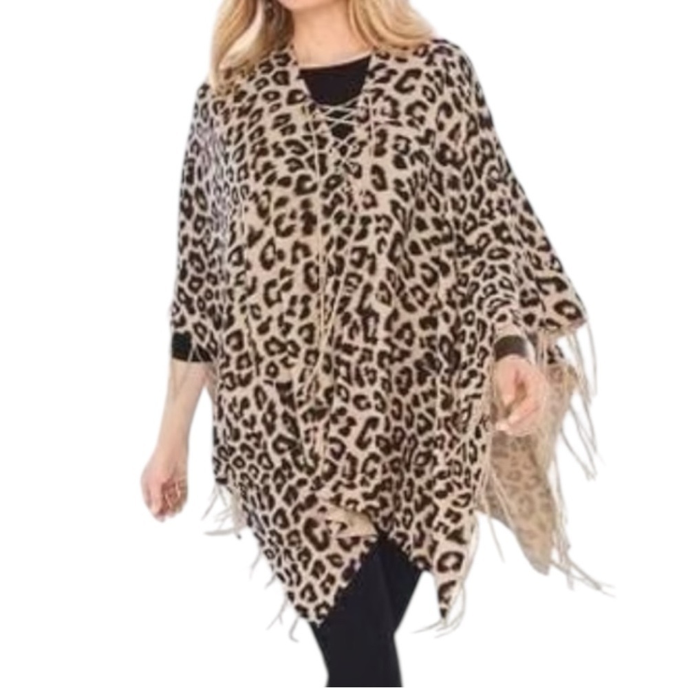 CHICOS CHIC LEOPARD PRINT LACE UP FRINGE PONCHO SZ OS EUC